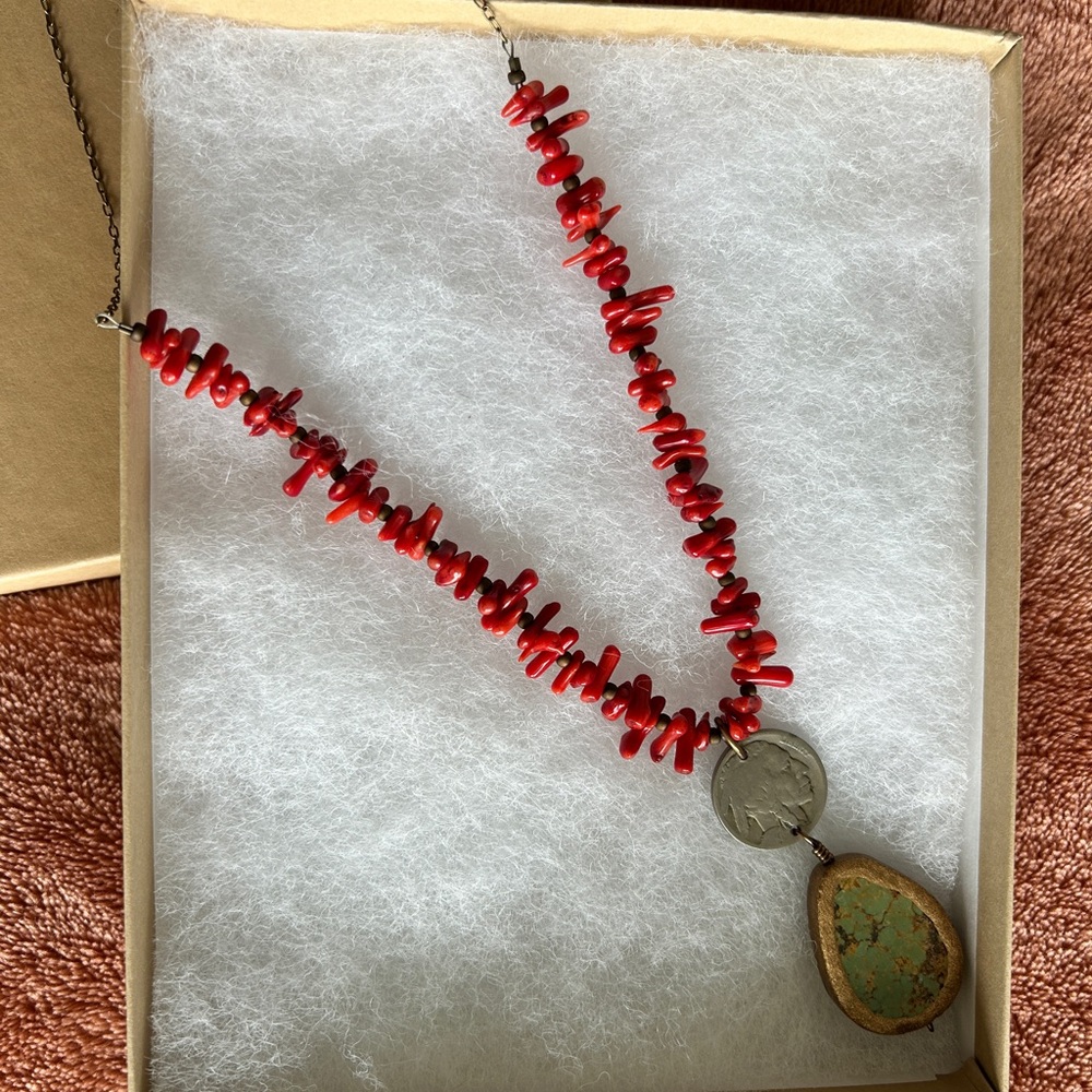 Striking Buffalo Nickel and Red Coral Pendant Necklace